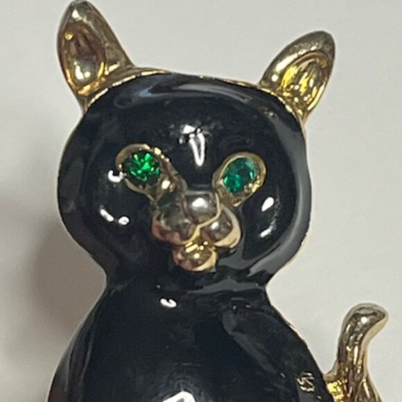 VTG Black Enamel Gold Toned Cat Kitten Brooch Pin Green Eyes 1.5" - Picture 6 of 9